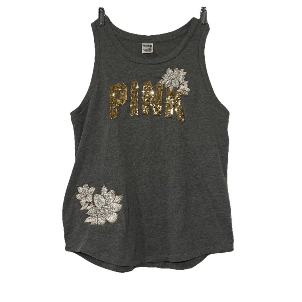 Victoria's Secret PINK Tank‎ Top Large Gray Gold Sequin Logo Floral Embroidered
